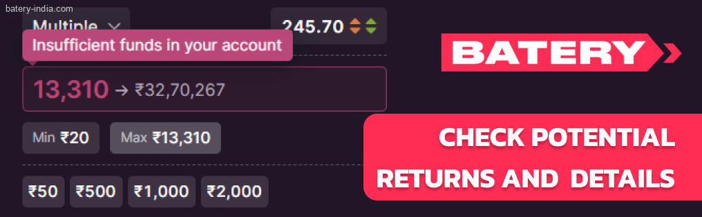 Check Batery Bet potential returns and bet details